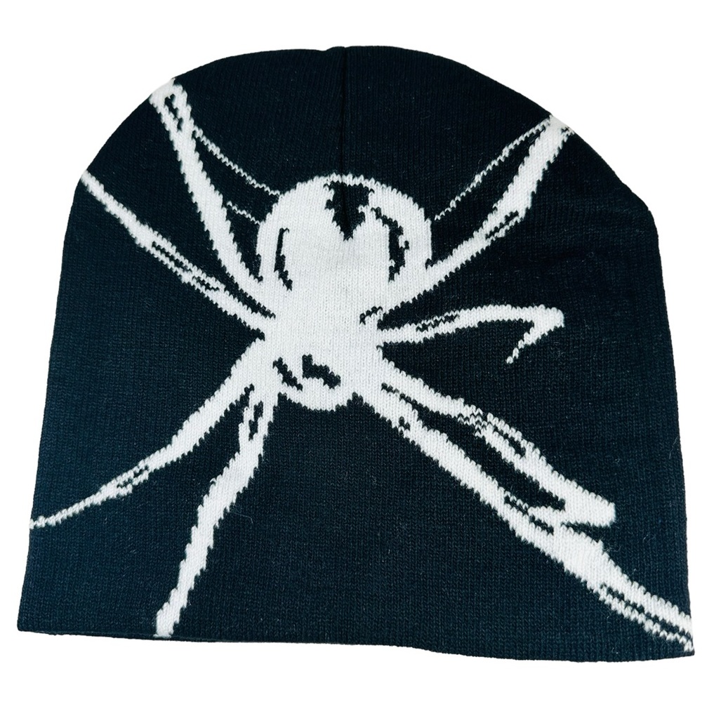 Badass black and white spider beanie edgy rocker goth NEW